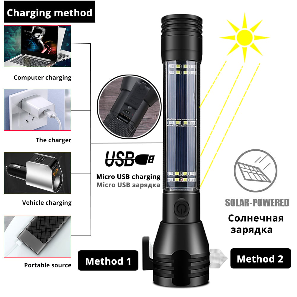 Lampe de poche tactique multifonction à énergie solaire 10 en 1