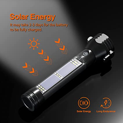 Lampe de poche tactique multifonction à énergie solaire 10 en 1