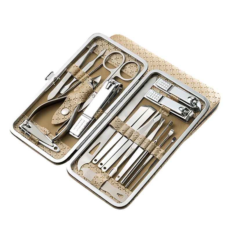 Ensemble de Manucure en Acier Inoxydable avec Étui en Cuir PU